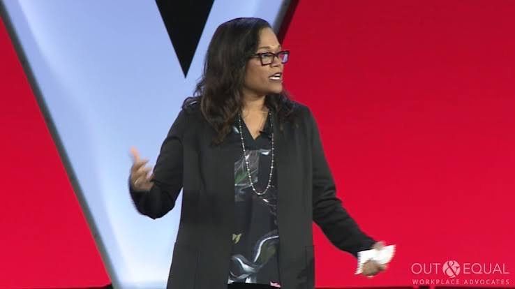 A speaker addressing the audience on stage at an Out & Equal Workplace Advocates event